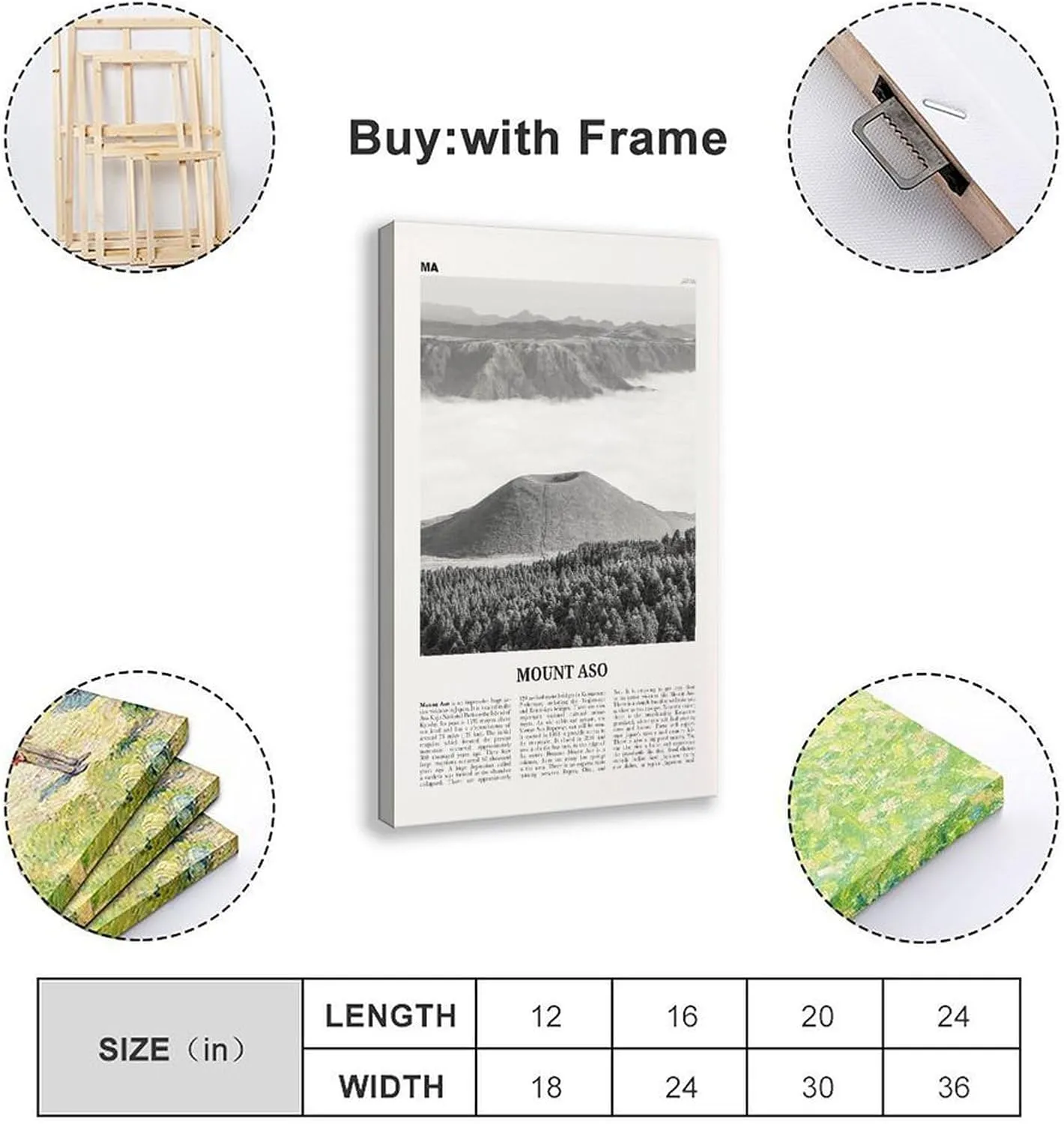Mount Aso Black And White, Retro City Map Travel Landscape Poster Print for Teen Boys Room Wall Art Canvas Painting Print 20x30inch(50x75cm)