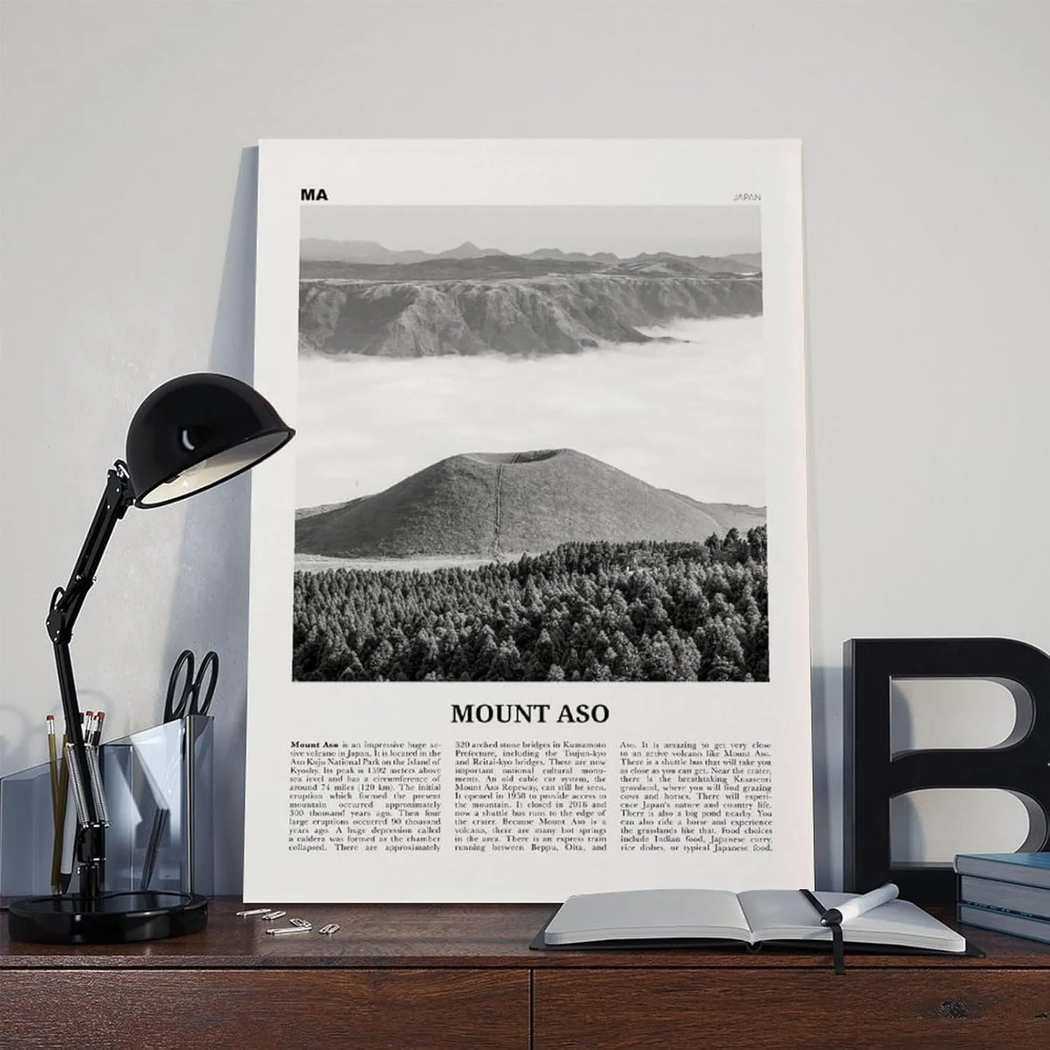 Mount Aso Black And White, Retro City Map Travel Landscape Poster Print for Teen Boys Room Wall Art Canvas Painting Print 20x30inch(50x75cm)