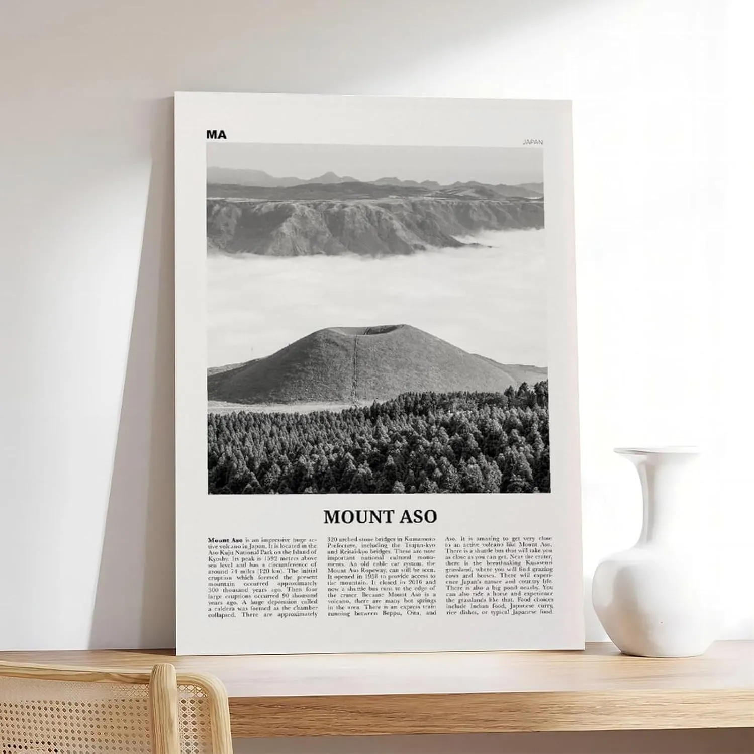 Mount Aso Black And White, Retro City Map Travel Landscape Poster Print for Teen Boys Room Wall Art Canvas Painting Print 20x30inch(50x75cm)