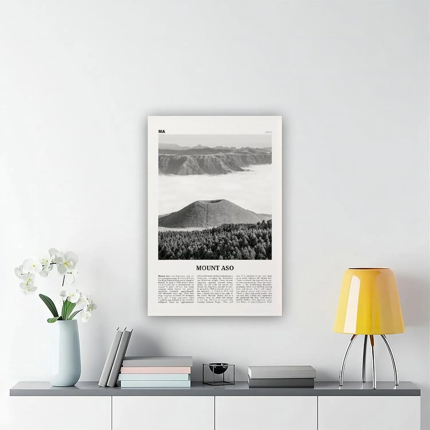 Mount Aso Black And White, Retro City Map Travel Landscape Poster Print for Teen Boys Room Wall Art Canvas Painting Print 20x30inch(50x75cm)