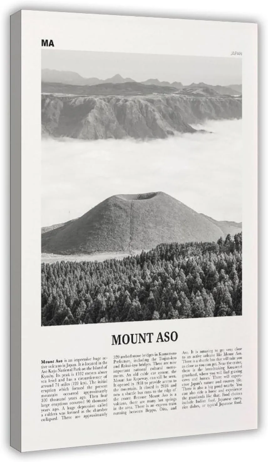 Mount Aso Black And White, Retro City Map Travel Landscape Poster Print for Teen Boys Room Wall Art Canvas Painting Print 20x30inch(50x75cm)