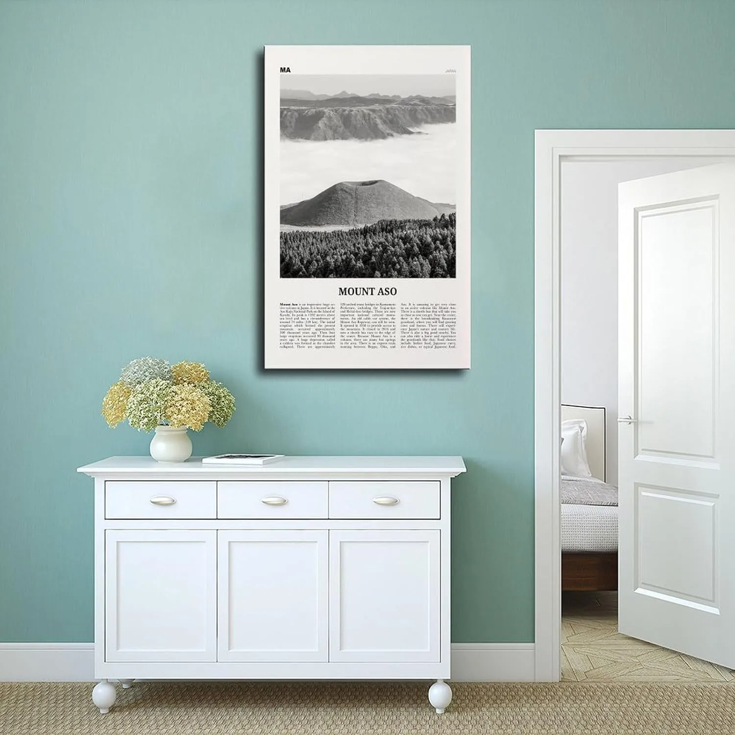 Mount Aso Black And White, Retro City Map Travel Landscape Poster Print for Teen Boys Room Wall Art Canvas Painting Print 20x30inch(50x75cm)