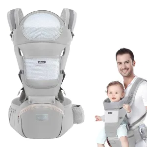 Multi-Functional 9 in 1 Baby Carrier - Newborn to Toddler, 7-45 lbs, Ergonomic Sling Carrier with Hip Seat, Hands Free Backpack Carrier for All Seasons (Grey)