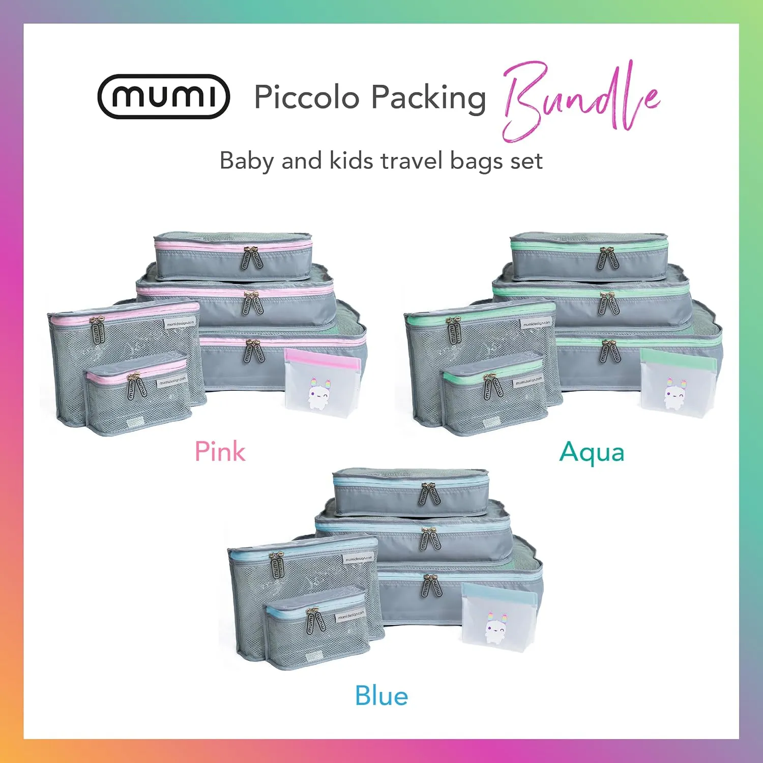 MUMI Piccolo Packing Bundle | Set of 3 Packing Cubes, 2 Toiletry Bags, and 1 Reusable Zip Up Bag | Complete Luggage Organizer and Baby Travel Bags Set