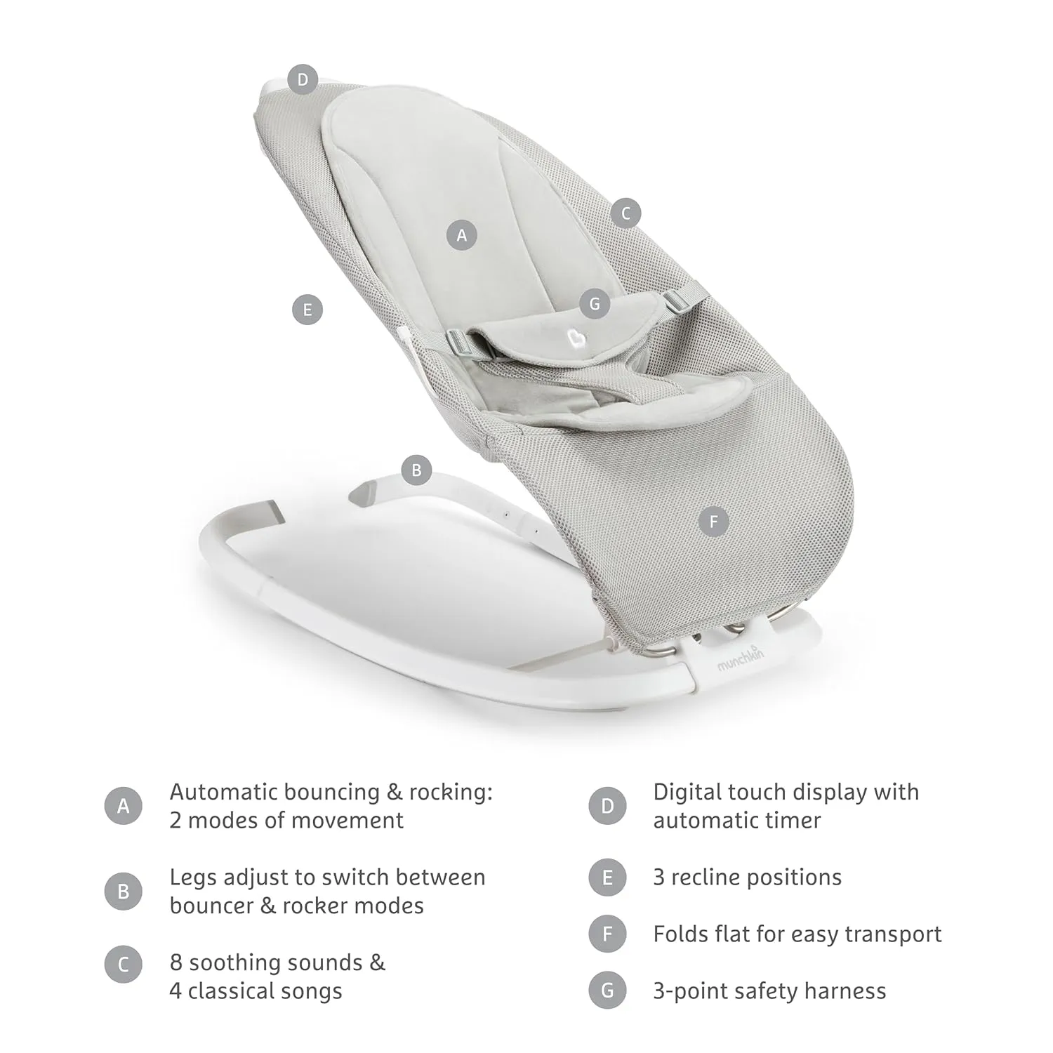 Munchkin® Electric Baby Bouncer & Rocker with Digital Touch Display, Soothing Sounds & 3 Recline Positions - Automatic Bouncing & Rocking, Grey