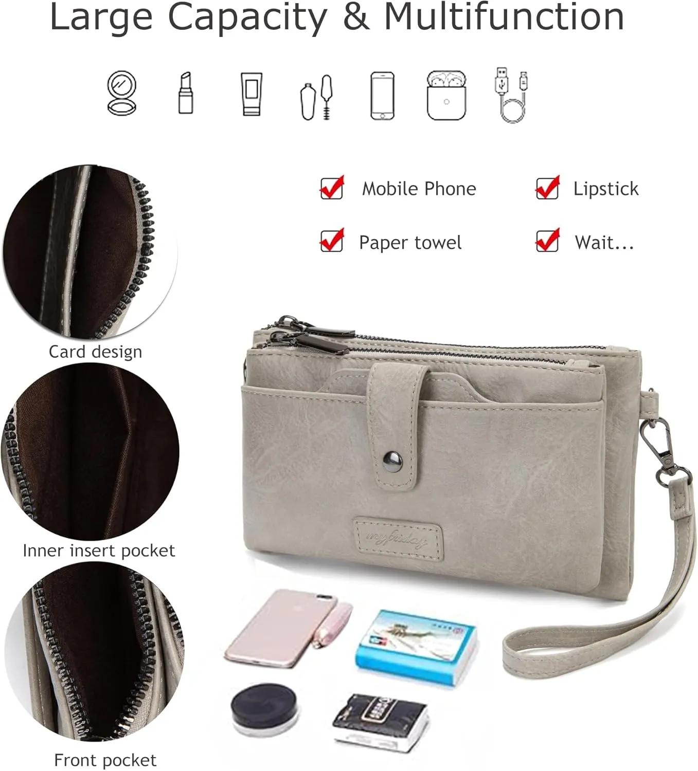 myfriday Womens Vintage Vegan Leather Wristlet Clutch Purse with Zip Around 2 Strap & Detchable Card Holder