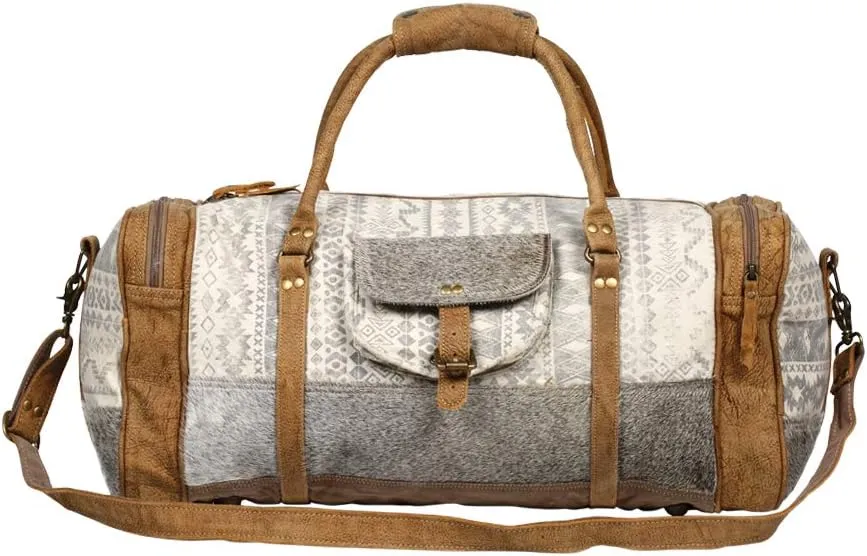 Myra Bag Statement Upcycled Canvas & Cowhide Leather Travel Bag S-1270