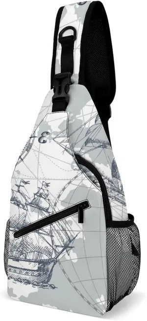 Nautical Sea Map Compass Sailing Ship Sling Bags Men And Women Shoulder Backpack Chest Bag Cross Body Chest Sling Backpack.