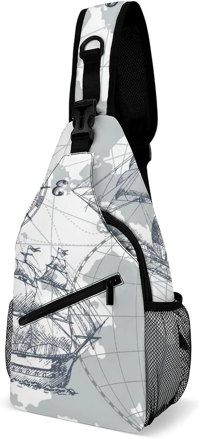 Nautical Sea Map Compass Sailing Ship Sling Bags Men And Women Shoulder Backpack Chest Bag Cross Body Chest Sling Backpack.