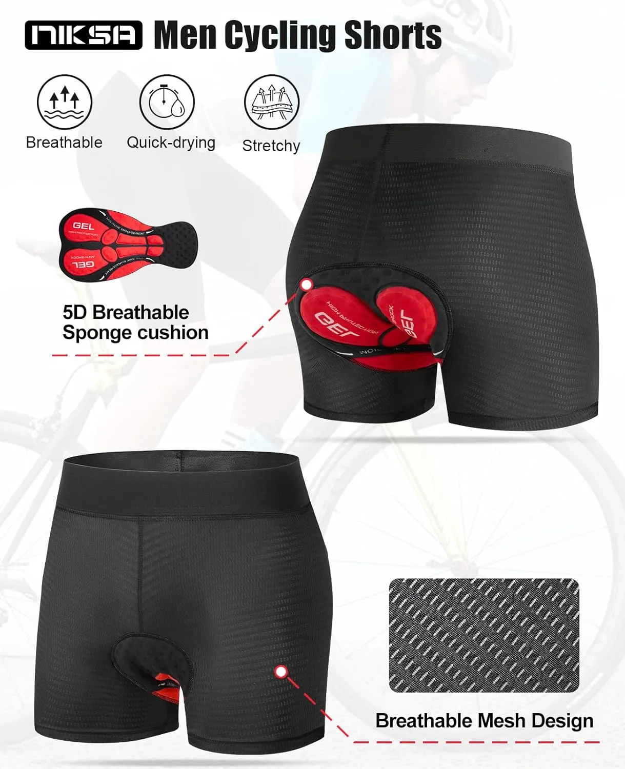 Niksa Cycling Underwear Men Absorbent, 5D Padded Gel Bike Shorts Men, Breathable Bike Liner Shorts for Mountain Biking