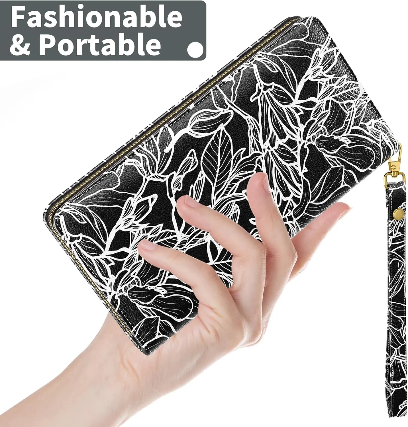 Nipichsha Womens Wallet, RFID Wristlet Wallet for Women, Cute Ladies Purse, Large Credit Card Clutch Purse, Leather Card Holder Wallets with Zipper & Phone Holder, Black White Leaf