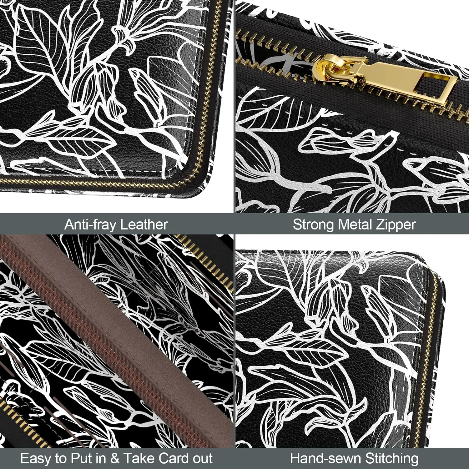 Nipichsha Womens Wallet, RFID Wristlet Wallet for Women, Cute Ladies Purse, Large Credit Card Clutch Purse, Leather Card Holder Wallets with Zipper & Phone Holder, Black White Leaf