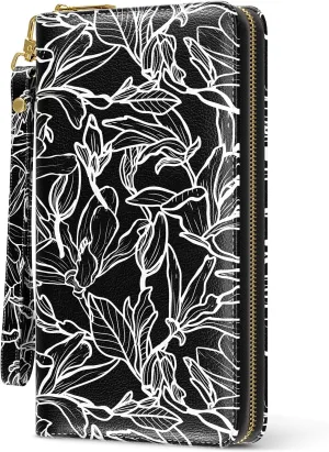 Nipichsha Womens Wallet, RFID Wristlet Wallet for Women, Cute Ladies Purse, Large Credit Card Clutch Purse, Leather Card Holder Wallets with Zipper & Phone Holder, Black White Leaf