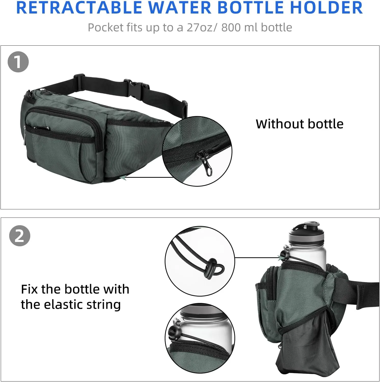 NOOLA Fanny Pack Waist Bag for Men Women, Lightweight Waist Pack with Water Bottle Holder, Adjustable Belt Bag with Multi-Pockets for Hiking, Dog Walking, Outdoor, Cycling, Running, Travel, Grey