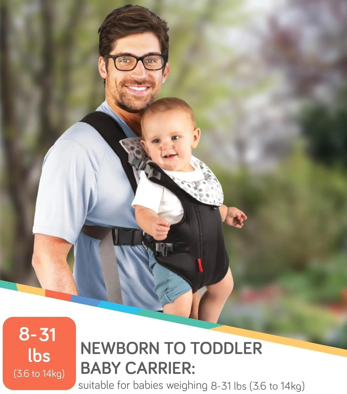 Nuby Classic Baby Carrier: Newborn to Toddler |Face-in and Face-Out Carrier | Black | Lightweight & Comfortable |Removeable Baby Drool Bib | 8-35 lb. (3.6-14 kg)