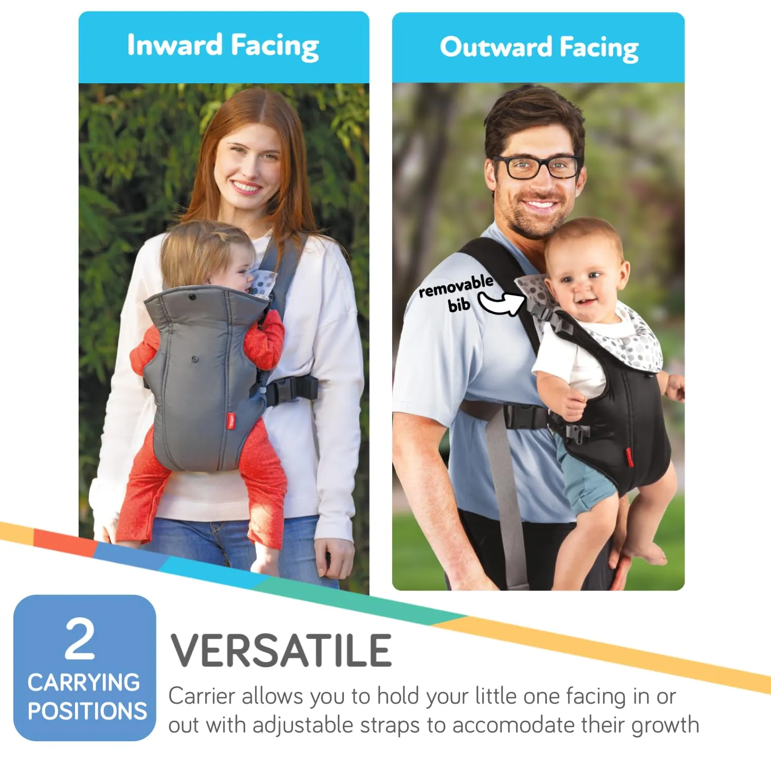Nuby Classic Baby Carrier: Newborn to Toddler |Face-in and Face-Out Carrier | Grey | Lightweight & Comfortable |Removeable Baby Drool Bib | 8-35 lb. (3.6-14 kg)