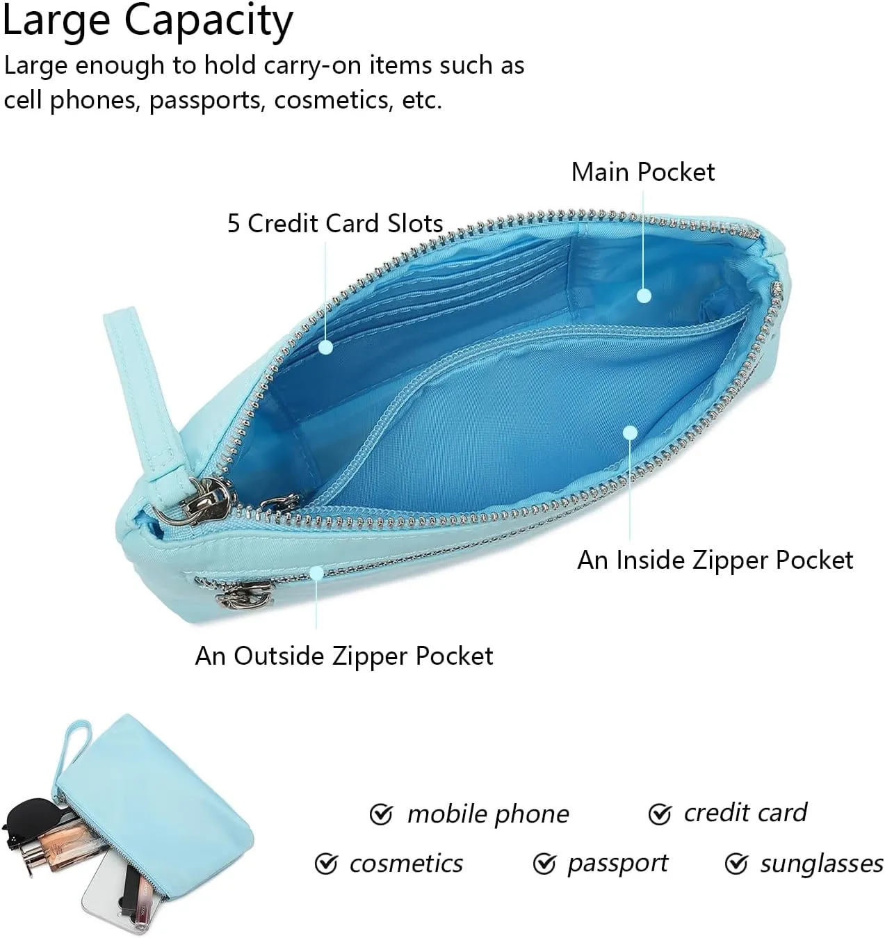 Nylon Wristbands Bag Makeup Pouch for Purse Waterproof Wristbands Bag with Zipper Pocket Credit Card Pouch