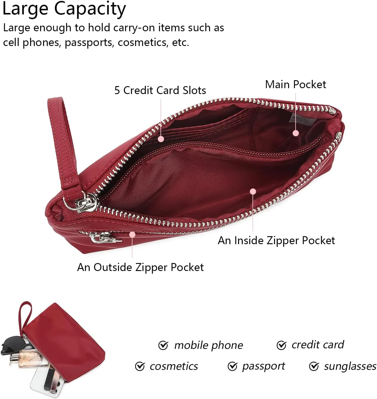 Nylon Wristbands Bag Makeup Pouch for Purse Waterproof Wristbands Bag with Zipper Pocket Credit Card Pouch