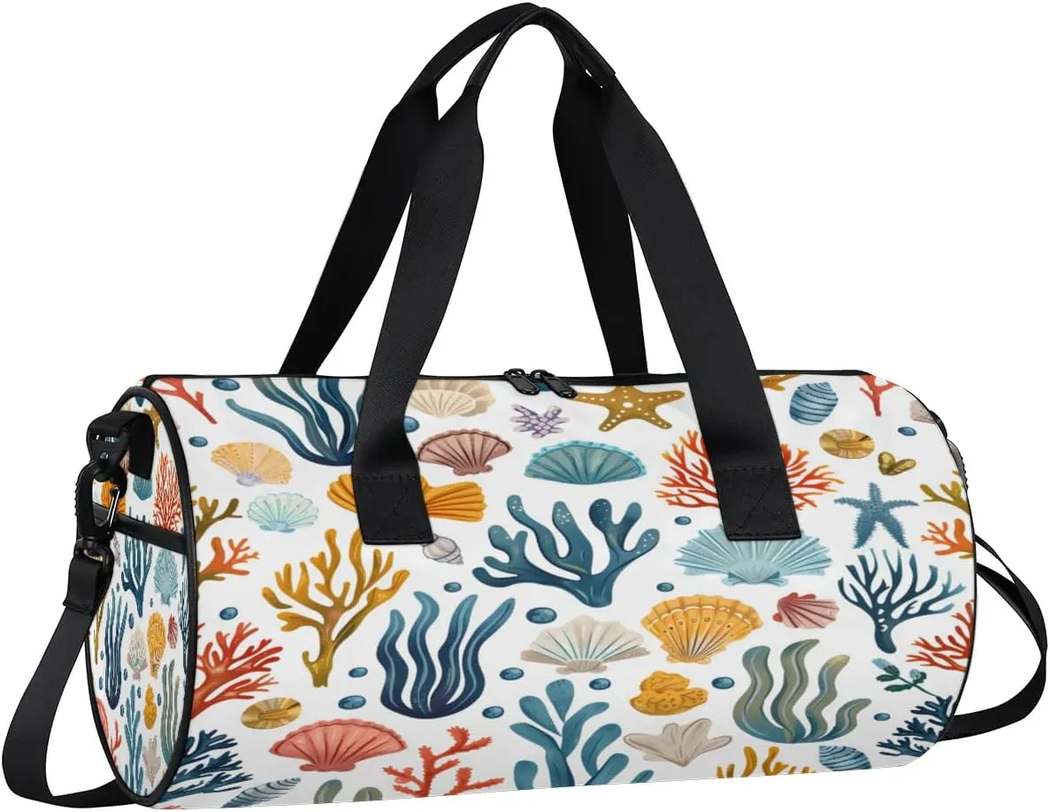 Ocean Seaweed Shell Travel Gym Bag Waterproof Sport Dance Bag for Women Men Portable Gymnastics Duffel Bags Canvas Tote Carry on Handbag for Workout Overnight Weekender