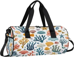 Ocean Seaweed Shell Travel Gym Bag Waterproof Sport Dance Bag for Women Men Portable Gymnastics Duffel Bags Canvas Tote Carry on Handbag for Workout Overnight Weekender