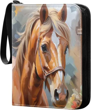 Oil Painting Horse Card Binder 4-Pocket, 400 Pockets Card Holder with 50 Removable Sleeves and Zipper for Games Baseball Football Sports Card