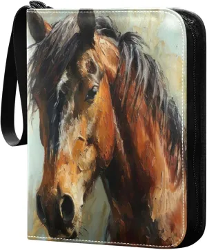 Oil Painting Horse Card Binder 4-Pocket, 400 Pockets Card Holder with 50 Removable Sleeves and Zipper for Games Baseball Football Sports Card