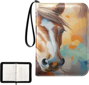 Oil Painting Horse Collectible Trading Card Albums, Waterproof PU Card Collection Binder Fits 400 Cards with Removable Sleeves for Baseball Card, Football Card
