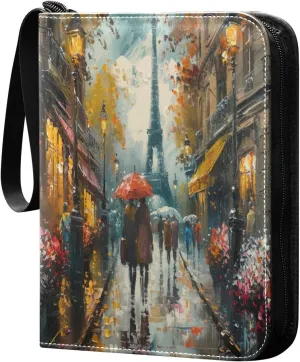 Oil Painting Streets View Card Binder 4-Pocket, 400 Pockets Card Holder with 50 Removable Sleeves and Zipper for Games Baseball Football Sports Card