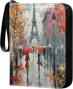 Oil Painting Streets View Card Binder 4-Pocket, 400 Pockets Card Holder with 50 Removable Sleeves and Zipper for Games Baseball Football Sports Card
