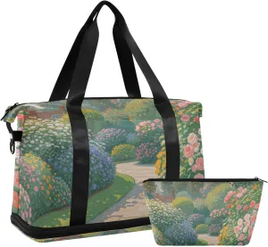 Oil Painting Summer Color Mysterious Garden Tote Bag Large Carry On Airport Bag with Toiletry Bag for Airplane Traveling Waterproof