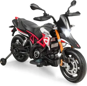 OLAKIDS 12V Kids Ride on Motorcycle, Aprilia Licensed Electric Motor with Training Wheels, Spring Suspension, Music, Horn, LED Lights, Battery Powered Toy for Toddler Boys Girls (Garnet)