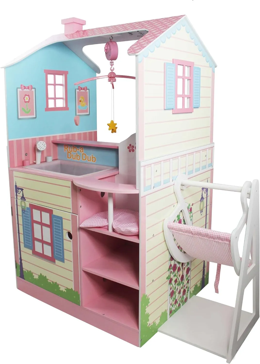 Olivia's Little World - All in One 16-18 inch Baby Doll Wooden Nursery Center - Double Sided Dollhouse for Baby Dolls with Swings - Multi- Functional Changing Station - Pink & Blue