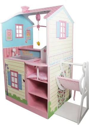Olivia's Little World - All in One 16-18 inch Baby Doll Wooden Nursery Center - Double Sided Dollhouse for Baby Dolls with Swings - Multi- Functional Changing Station - Pink & Blue