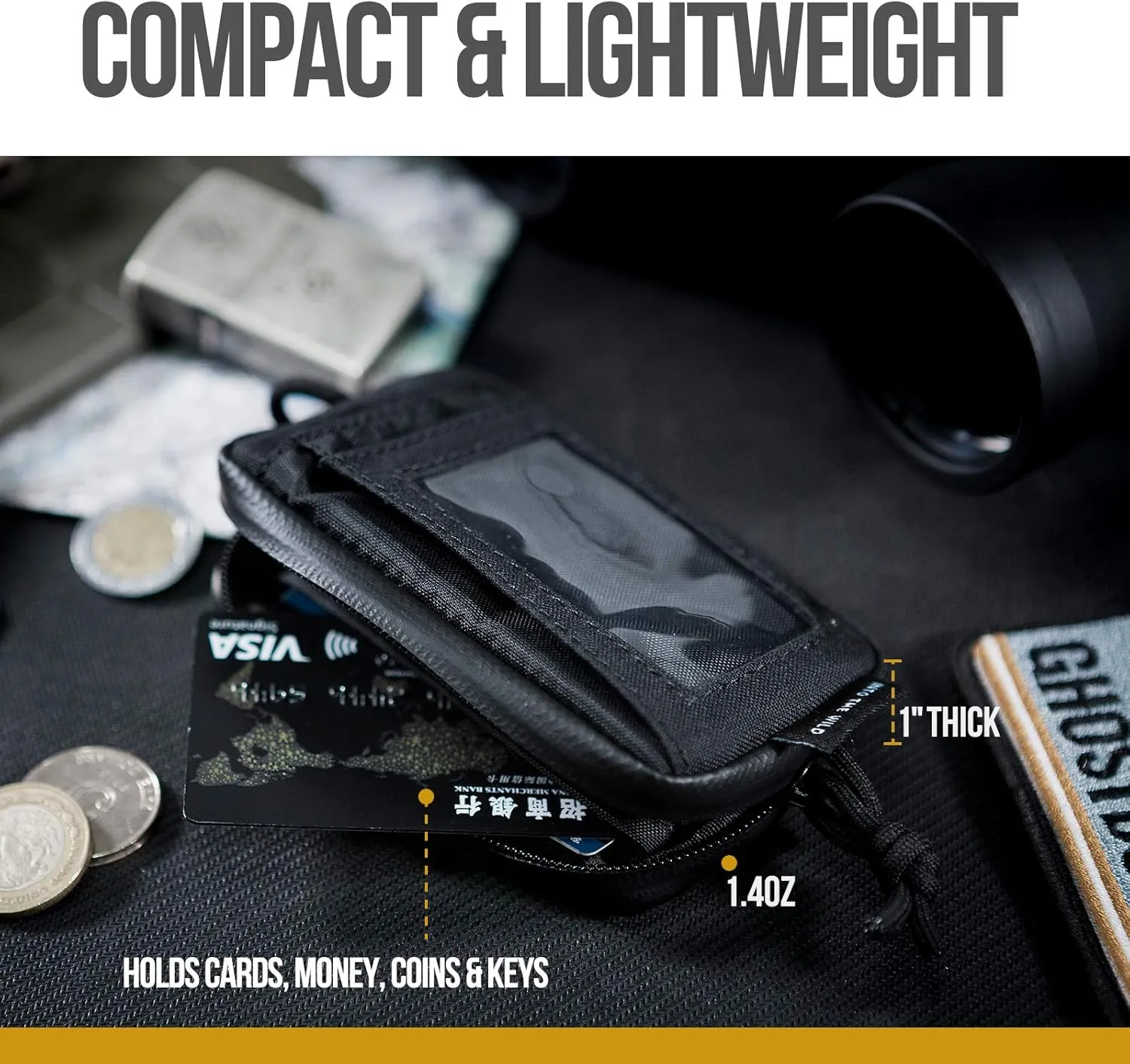 OneTigris Front Pocket Wallet with Zippers Small Coin Purse Tactical Wallet Nylon Minimalist Wallet for Men Women, Black