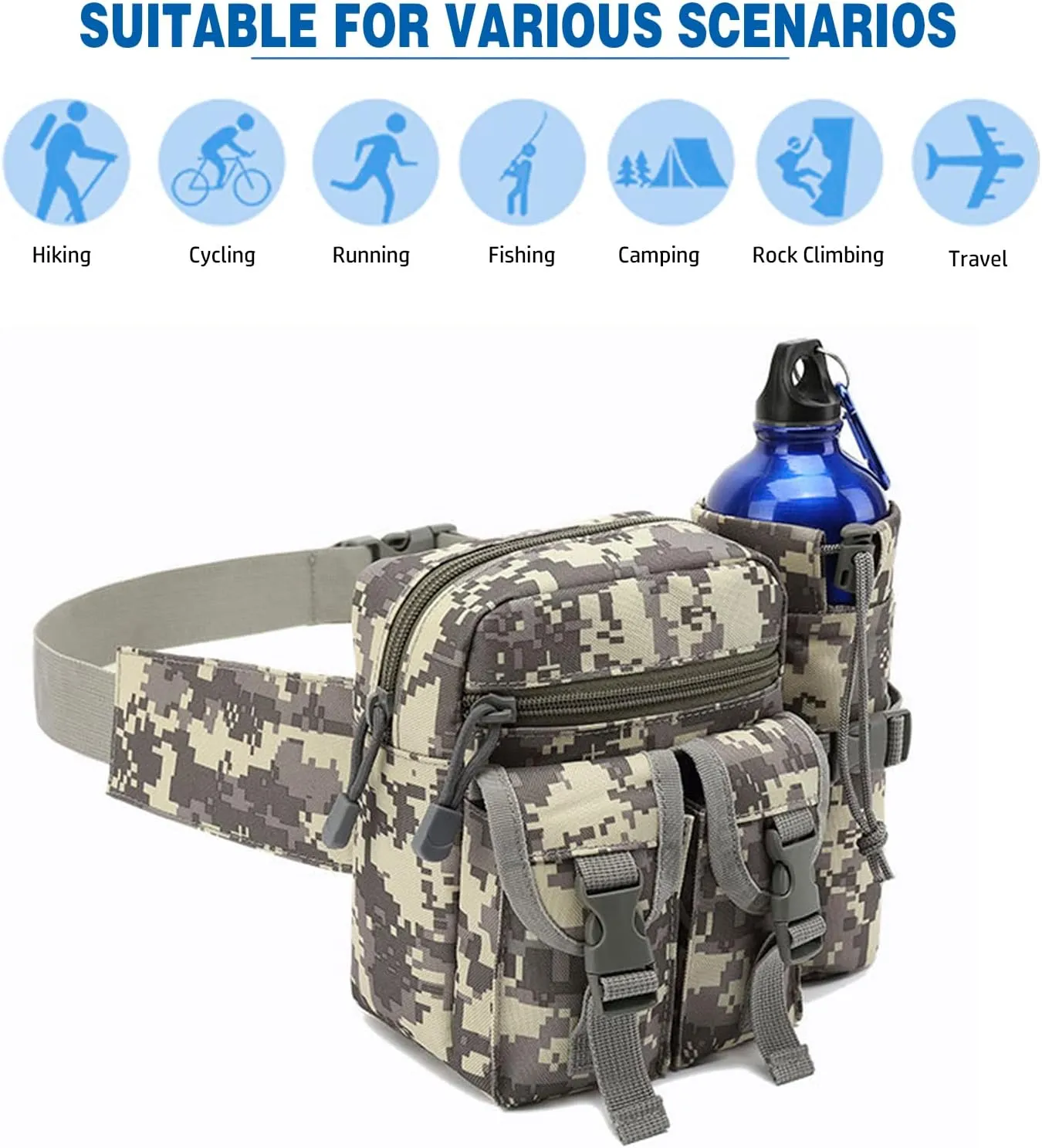 Outdoor Sports Waist Bag Cycling Waist Bag with Bottle Holder Tactic Waist Bag Tactical Fanny Pack for Cycling Running Hiking Fishing Climbing (Grey)