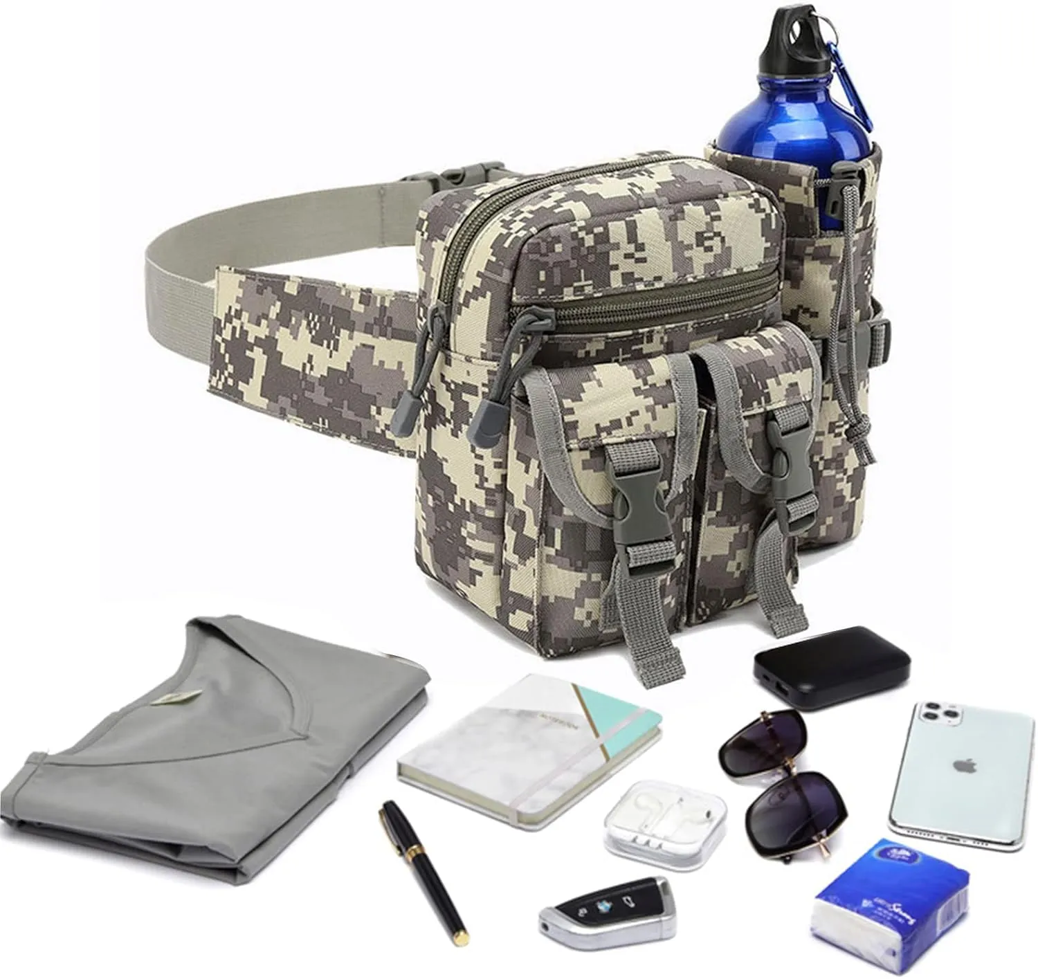 Outdoor Sports Waist Bag Cycling Waist Bag with Bottle Holder Tactic Waist Bag Tactical Fanny Pack for Cycling Running Hiking Fishing Climbing (Grey)