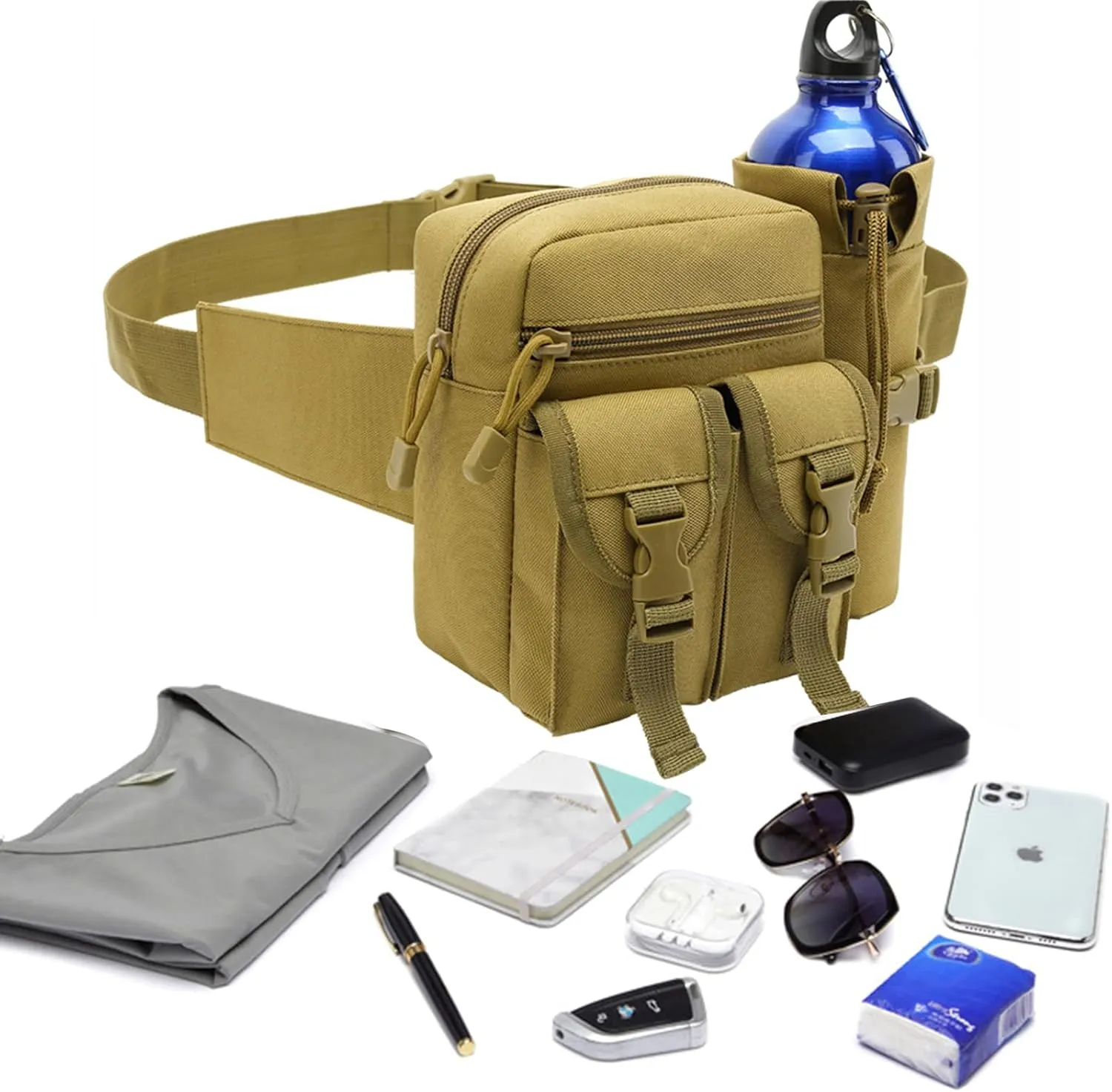 Outdoor Sports Waist Bag Cycling Waist Bag with Bottle Holder Tactic Waist Bag Tactical Fanny Pack for Cycling Running Hiking Fishing Climbing (khaki)