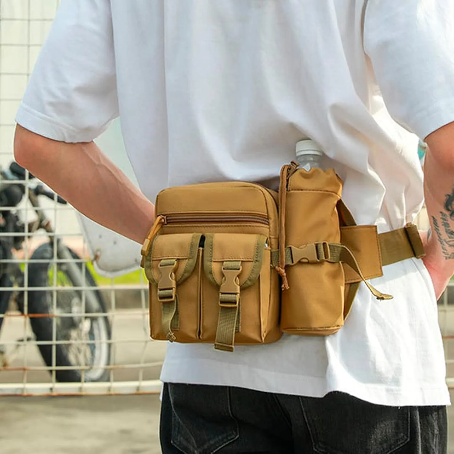 Outdoor Sports Waist Bag Cycling Waist Bag with Bottle Holder Tactic Waist Bag Tactical Fanny Pack for Cycling Running Hiking Fishing Climbing (khaki)