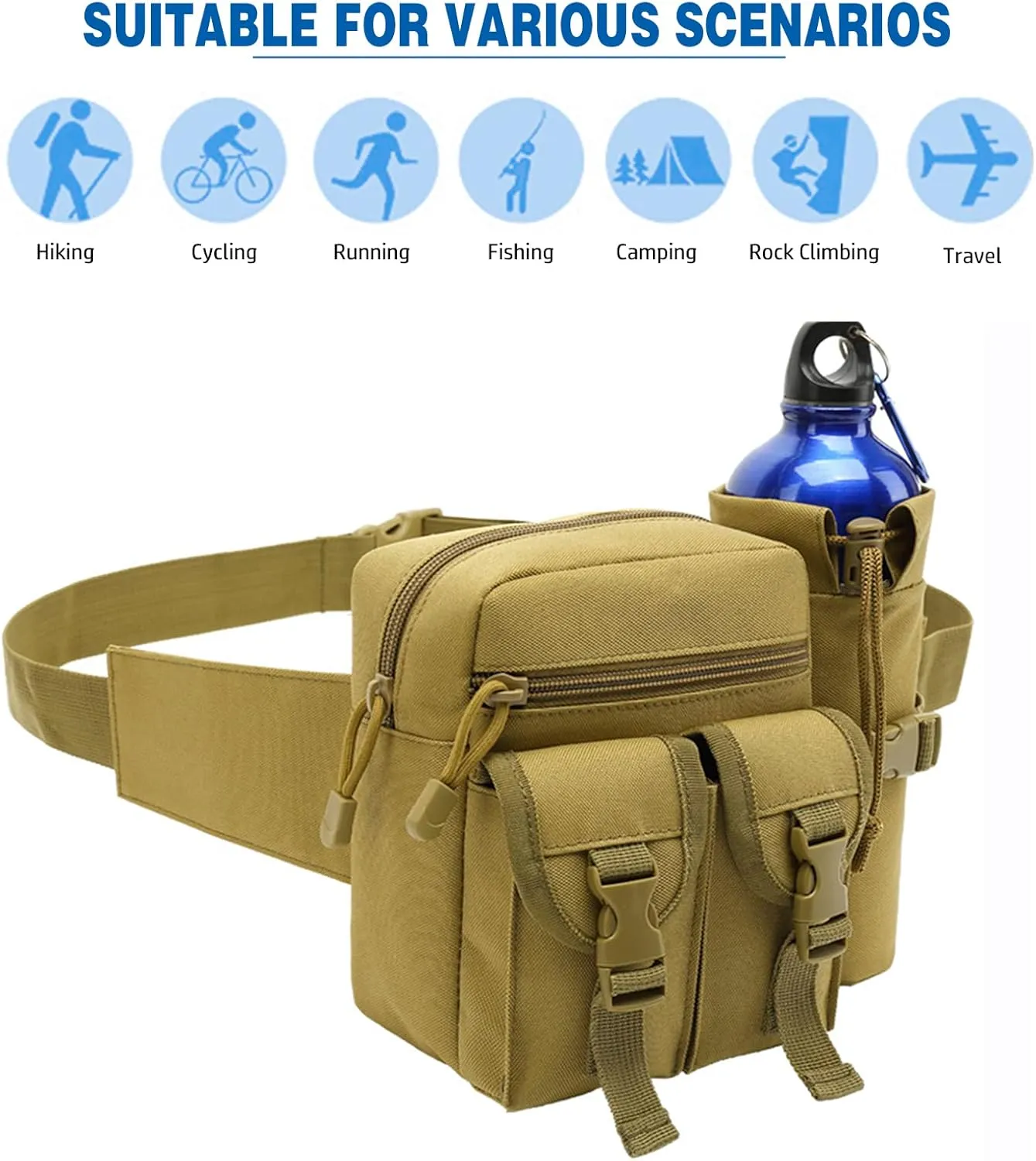 Outdoor Sports Waist Bag Cycling Waist Bag with Bottle Holder Tactic Waist Bag Tactical Fanny Pack for Cycling Running Hiking Fishing Climbing (khaki)