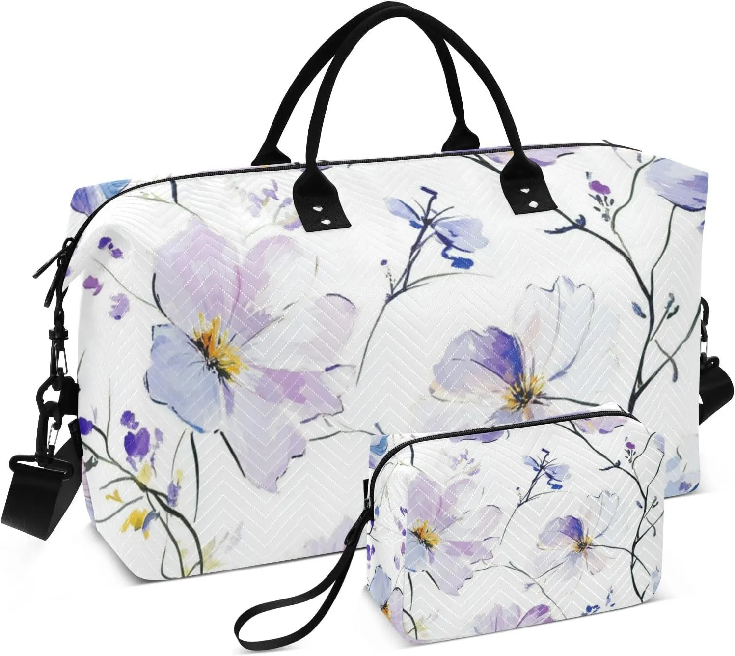 Oversized Travel Duffel Bag Travel Overnight Carry on Bag Gym Tote Bag with Toiletry Bag for Hiking Large Capacity Impressionist Flowers Purple