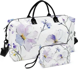 Oversized Travel Duffel Bag Travel Overnight Carry on Bag Gym Tote Bag with Toiletry Bag for Hiking Large Capacity Impressionist Flowers Purple