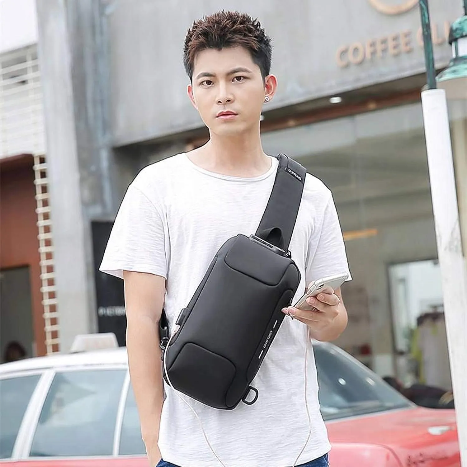 OZUKO Satchel Bag Men Sling Backpack Anti Theft Crossbody Bag Waterproof with USB Charging Port(Black)