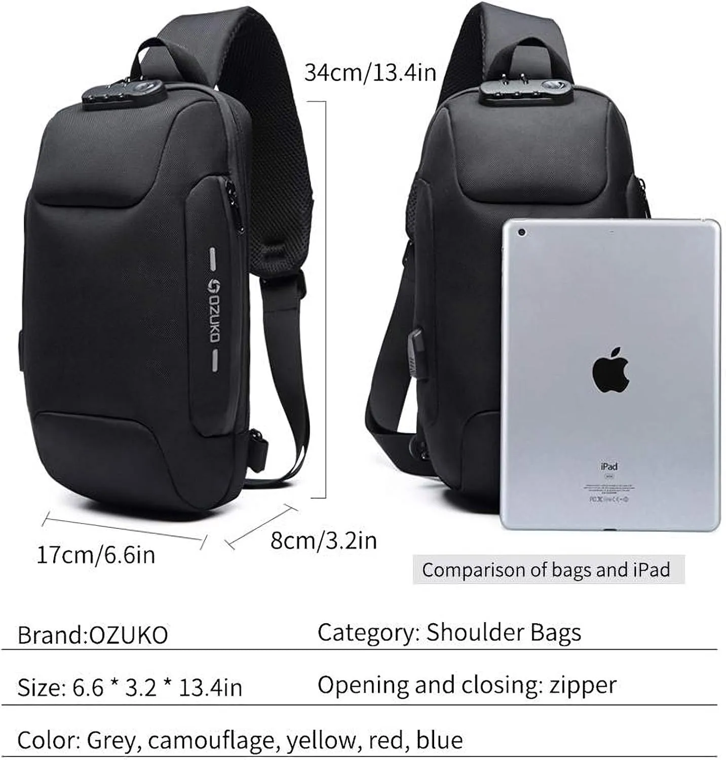 OZUKO Satchel Bag Men Sling Backpack Anti Theft Crossbody Bag Waterproof with USB Charging Port(Black)