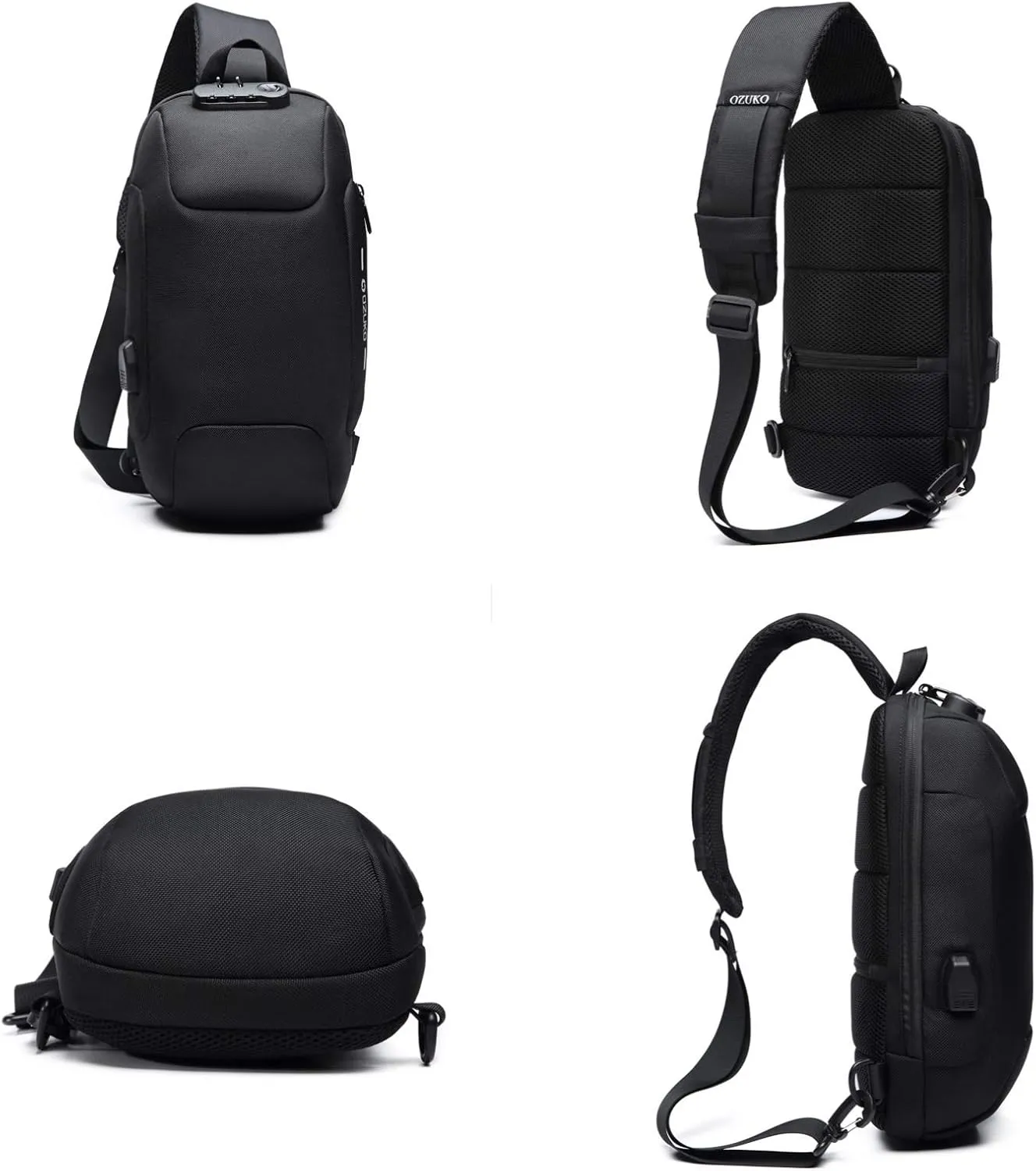 OZUKO Satchel Bag Men Sling Backpack Anti Theft Crossbody Bag Waterproof with USB Charging Port(Black)