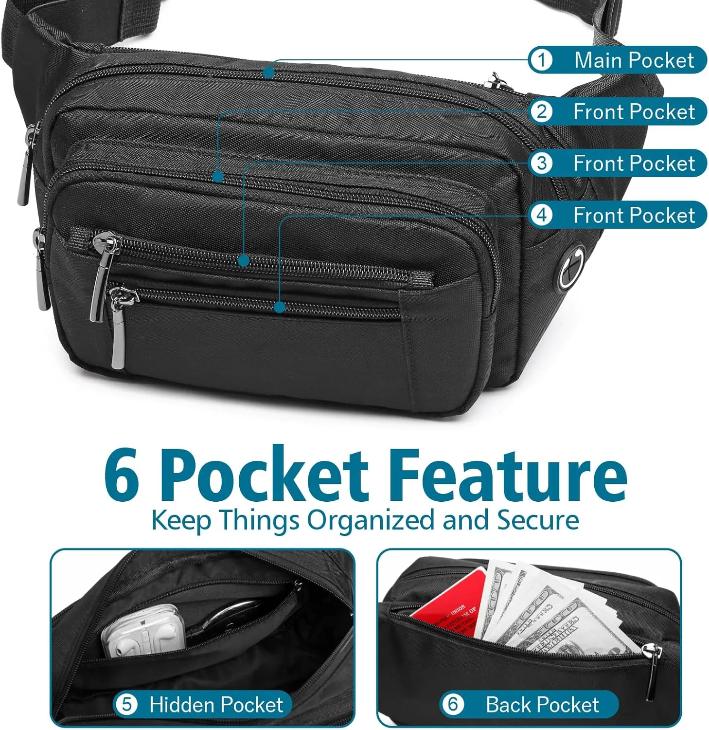 Packism Fanny Pack for Women Men - Fanny Packs for Women Cross Body Everywhere Belt Bag Bum Bag with 6 Zipper Pockets Plus Size & Adjustable Strap for Traveling Cycling Running Hiking