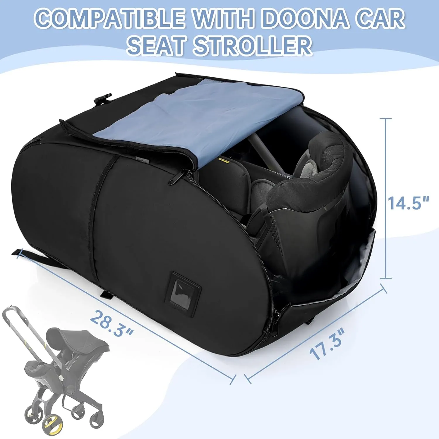 Padded Car Seat Travel Bag Compatible with Doona, Infant Car Seat Travel Bag, Foldable Car Seat Stroller Gate Check Bag for Airplane (Black)