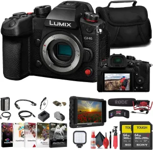 Panasonic Lumix GH6 Mirrorless Camera (DC-GH6BODY)   4K Monitor   Rode VideoMic   Sony 64GB Tough SD Card   Card Reader   LED Light   Corel Photo Software   Case   Flex Tripod   More (Renewed)