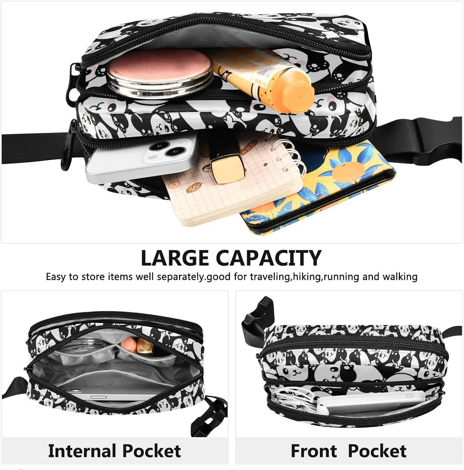 Pandas Fanny Packs for Women Men Belt Bag with Adjustable Strap Fashion Waist Packs Crossbody Bag Waist Pouch for Travel Sports Running Cycling