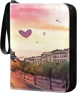 Paris Tower Painting Collectible Trading Card Albums,4-Pocket Card Binder with 50 Removable Sleeves with Zipper Game Card Collection Binder Album Holder