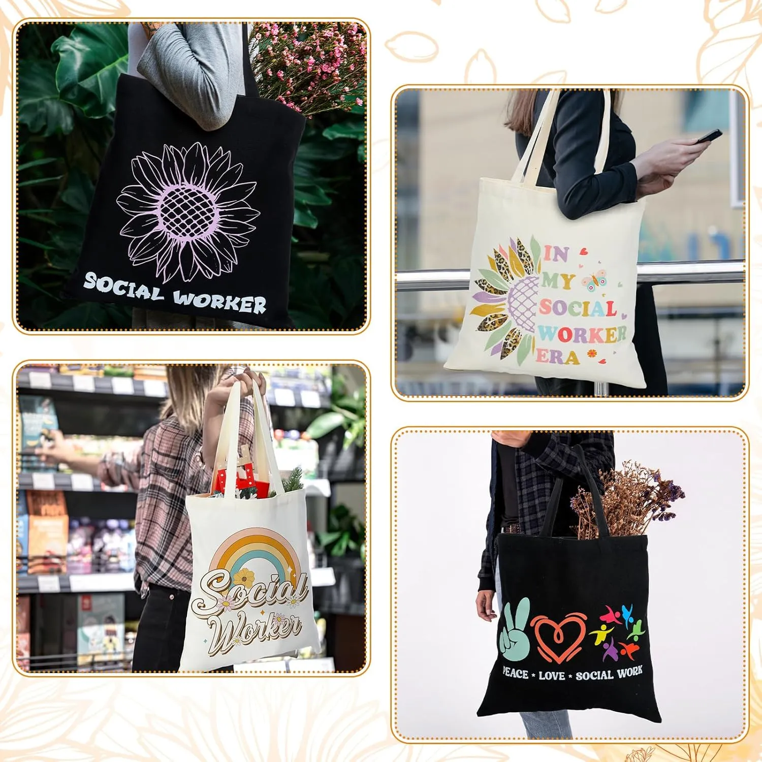 Paterr 12 Pcs Social Worker Appreciation Gift for Women Canvas Tote Bags Bulk for Retirement Volunteer Graduation Gift(Elegant Style)